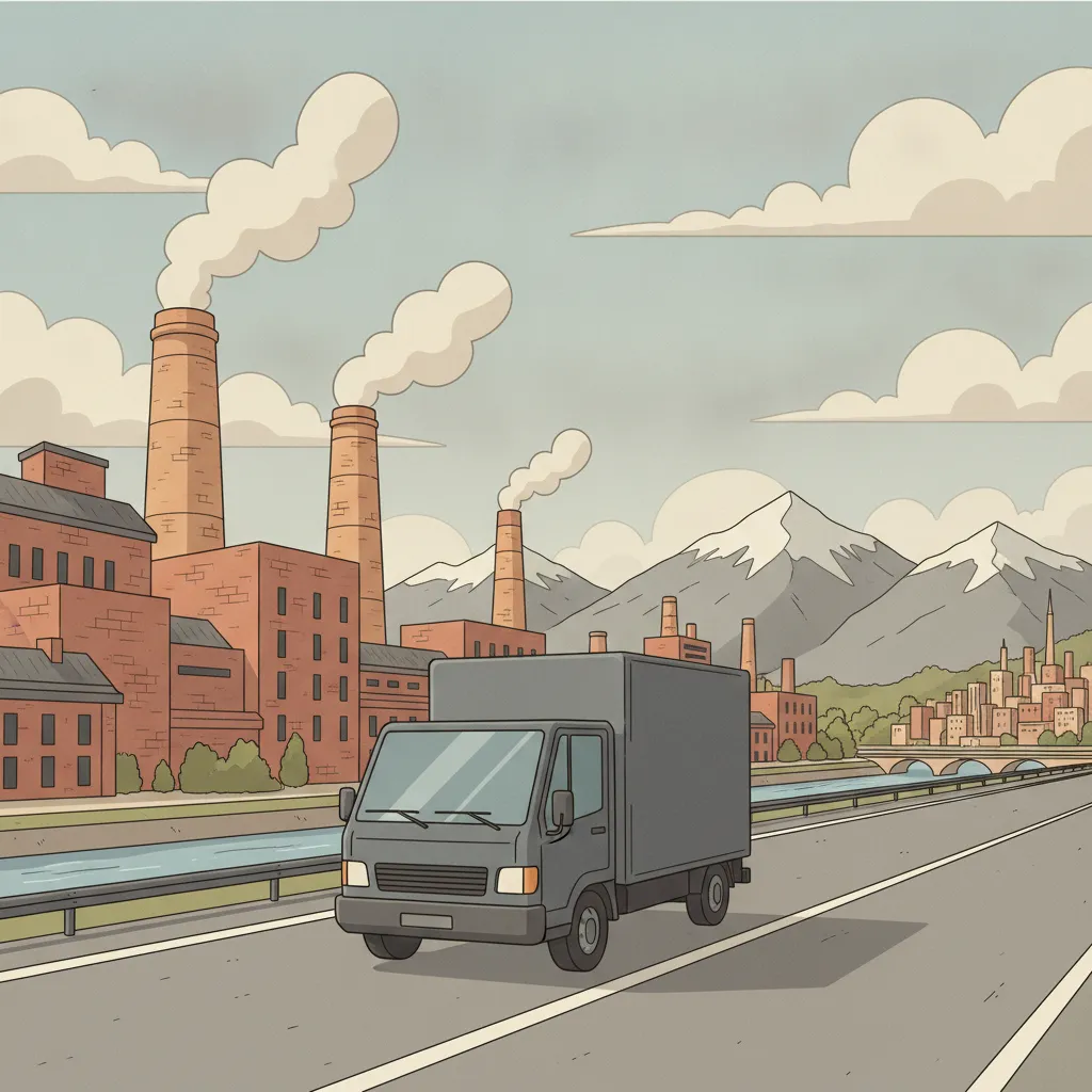 Comic-Illustration: kleiner anthrazit-graphitfarbener Kastenwagen fährt von der Leipziger Spinnerei-Kulisse über die flache Tieflandsbucht und die A9 Richtung Schweizer Alpenpanorama - Beiladung in die Schweiz ab Leipzig