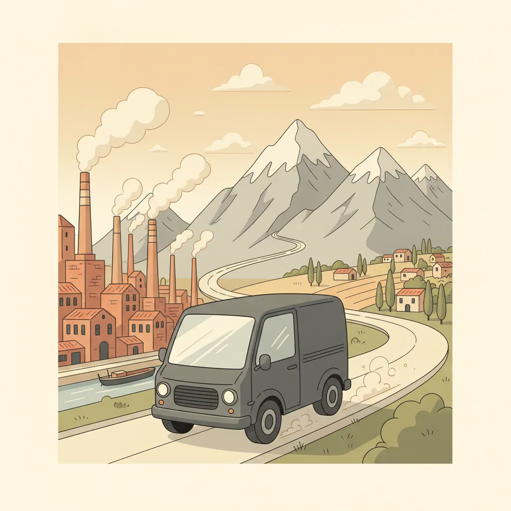 Comic-Illustration: kleiner anthrazit-graphitfarbener Kastenwagen fährt von der Leipziger Spinnerei-Kulisse über die Alpen Richtung italienischem Zypressen- und Hügelpanorama - Beiladung nach Italien ab Leipzig