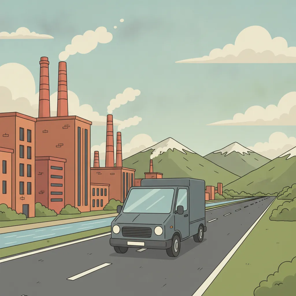 Comic-Illustration: kleiner anthrazit-graphitfarbener Kastenwagen fährt von der Leipziger Spinnerei-Kulisse über die A9 Richtung München und österreichischem Alpenpanorama - Beiladung nach Österreich ab Leipzig