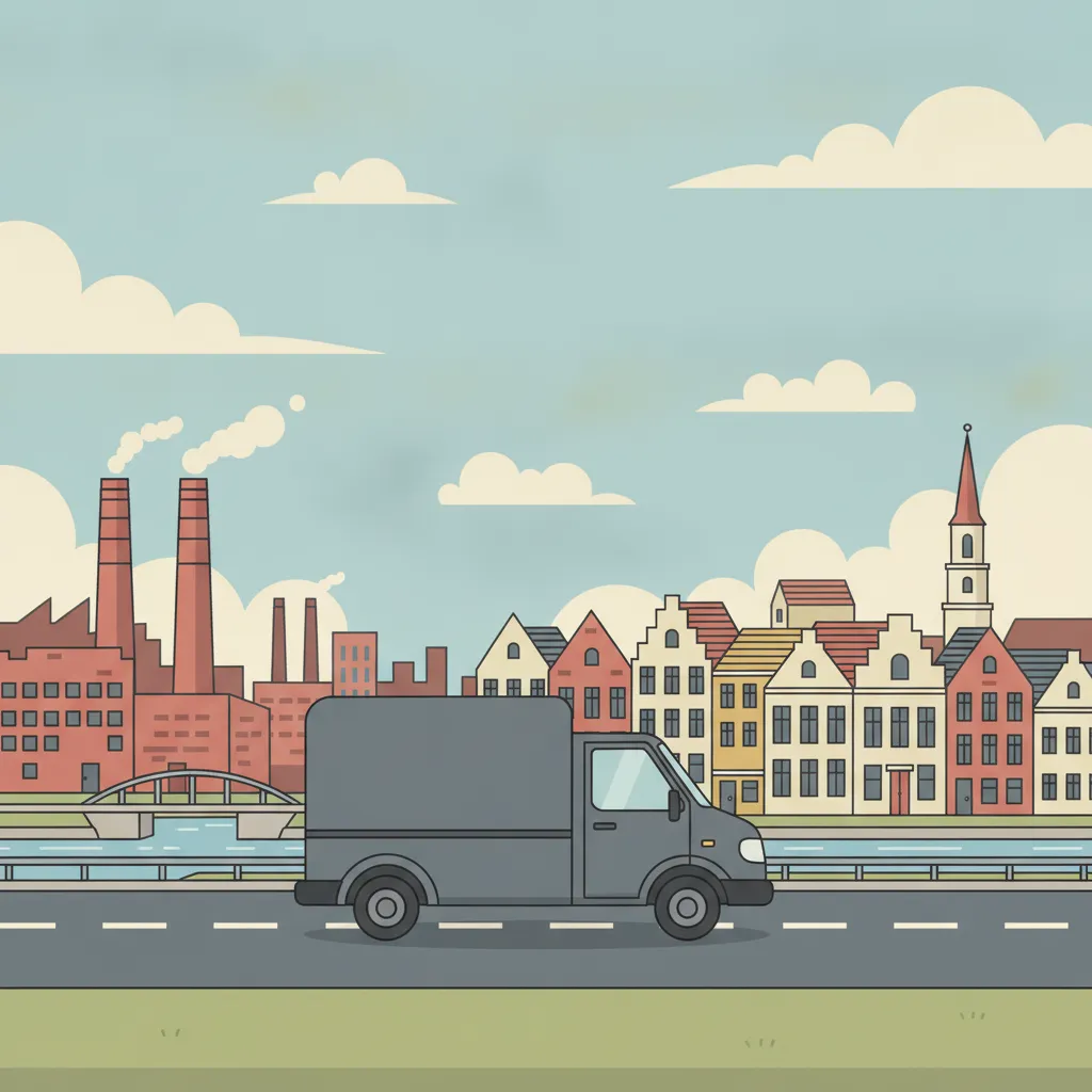 Comic-Illustration: kleiner anthrazit-graphitfarbener Kastenwagen fährt von der Leipziger Spinnerei-Kulisse über die flache Tieflandsbucht und die A14 Richtung Osten zu polnischer Altstadt-Silhouette - Beiladung nach Polen ab Leipzig