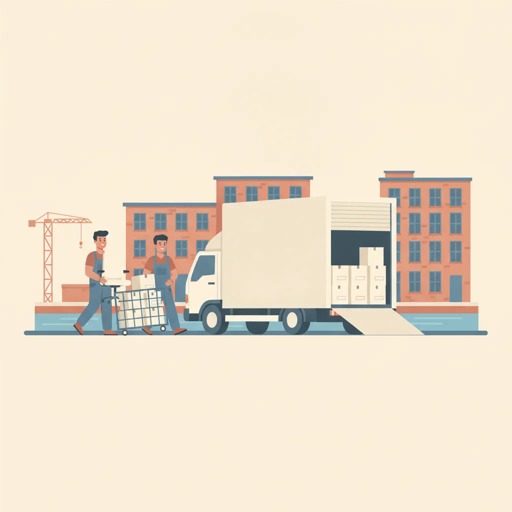 Flat-Design-Illustration: zwei Helfer tragen einen Bürostuhl und einen Rollcontainer mit beschrifteten Aktenkartons aus einem Leipziger Gründerzeit-Bürohaus in einen geschlossenen weißen Umzugs-Lkw, im Hintergrund Backstein-Lofts der Baumwollspinnerei und ein Industriekran am Karl-Heine-Kanal - Büroumzug Leipzig