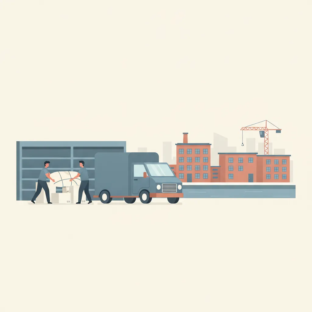 Comic-Illustration: zwei Träger schieben gepolsterte Möbel und beschriftete Kartons in eine saubere Lagerbox, daneben ein geschlossener Kastenwagen, im Hintergrund die Silhouette von Leipzig mit Backstein-Lofts und einem Kran am Kanal - Einlagerung in Leipzig