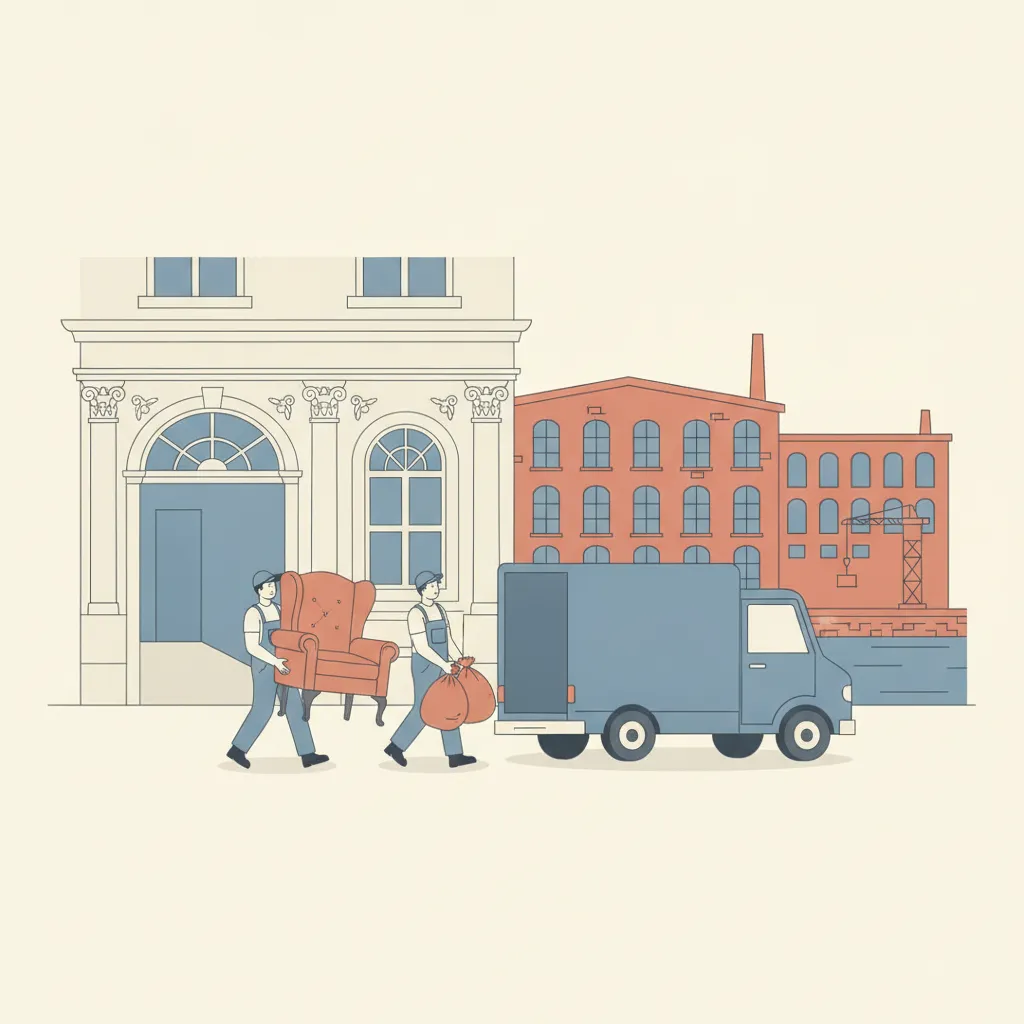 Comic-Illustration: zwei Helfer tragen alte Möbel und volle Säcke aus einem Leipziger Gründerzeit-Altbau zu einem geschlossenen Kastenwagen, das Treppenhaus dahinter wird leer und sauber, im Hintergrund Backstein-Lofts am Kanal - Entrümpelung in Leipzig