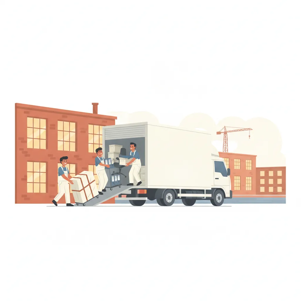 Flat-Design-Illustration: ein Team verlädt Rollcontainer mit Aktenordnern, Bürostühle und verpackte Technik aus einem Leipziger Industriebau in einen geschlossenen weißen Umzugs-Lkw, im Hintergrund Backstein-Hallen der Baumwollspinnerei und ein Kran am Kanal - Firmenumzug Leipzig