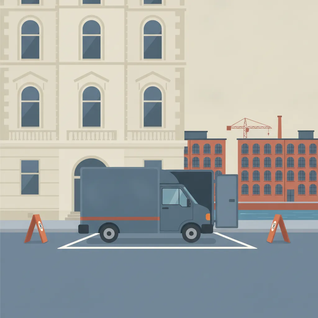 Comic-Illustration: zwei mobile Halteverbotsschilder sichern eine freie Parklücke vor einem Leipziger Gründerzeit-Altbau, ein geschlossener Kastenwagen steht direkt davor, im Hintergrund Backstein-Lofts und ein Kran am Karl-Heine-Kanal - Halteverbotszone für den Umzug in Leipzig