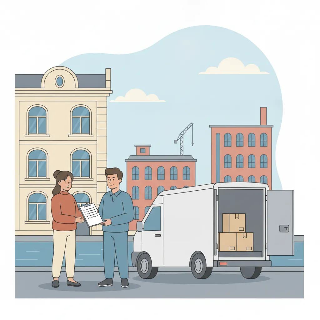 Comic-Illustration: ein Umzugshelfer reicht einer Frau vor einem Leipziger Gründerzeit-Altbau einen Kostenvoranschlag aufs Klemmbrett, daneben ein geschlossener weißer Kofferwagen mit offenen Hecktüren, im Hintergrund Backstein-Lofts und ein Kran am Kanal - Jobcenter-Umzug in Leipzig