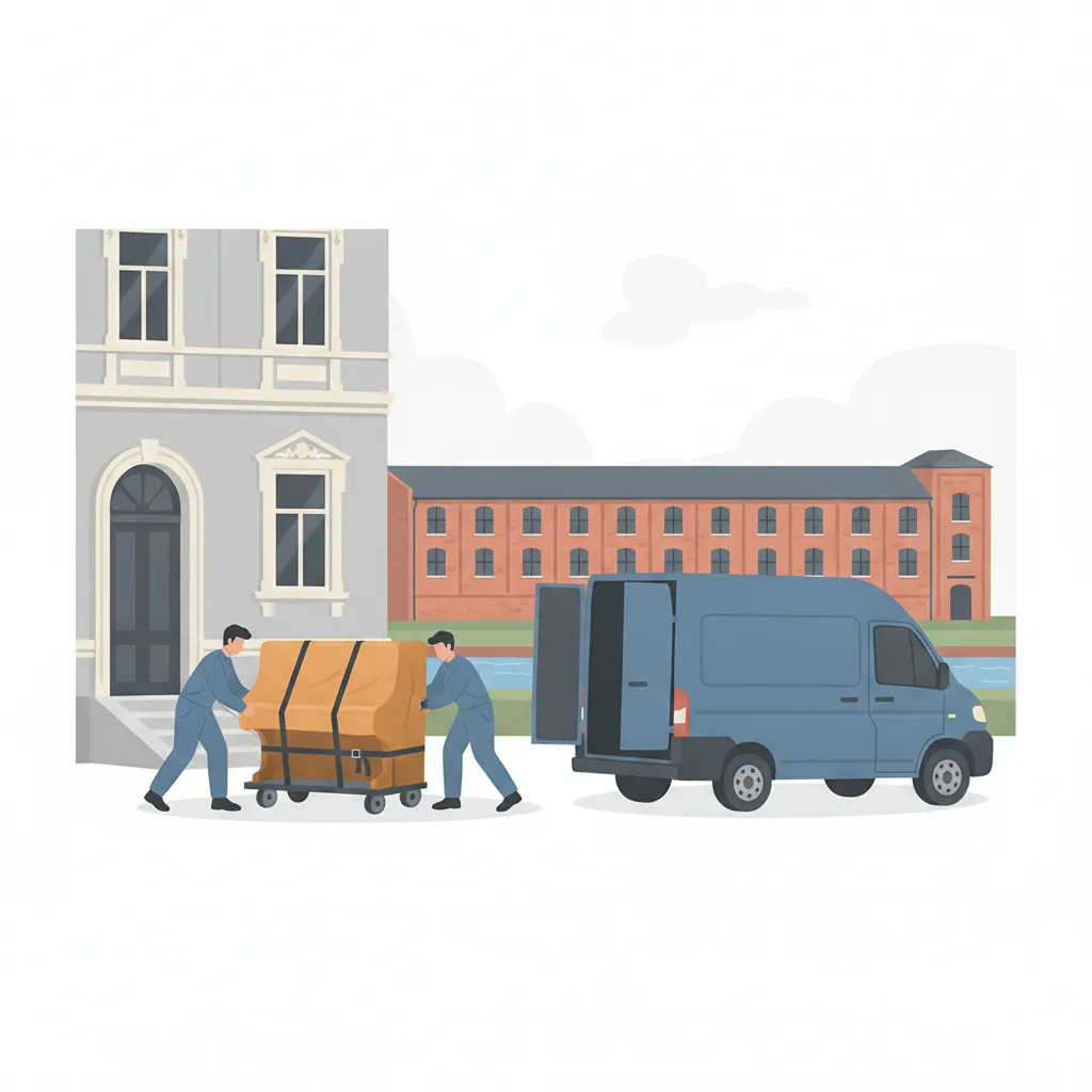 Comic-Illustration: zwei Spezialträger bewegen ein gepolstertes Klavier auf einem Klavierroller aus einem Leipziger Gründerzeit-Altbau zu einem geschlossenen Kastenwagen, im Hintergrund eine rote Backstein-Spinnereihalle - Klaviertransport in Leipzig