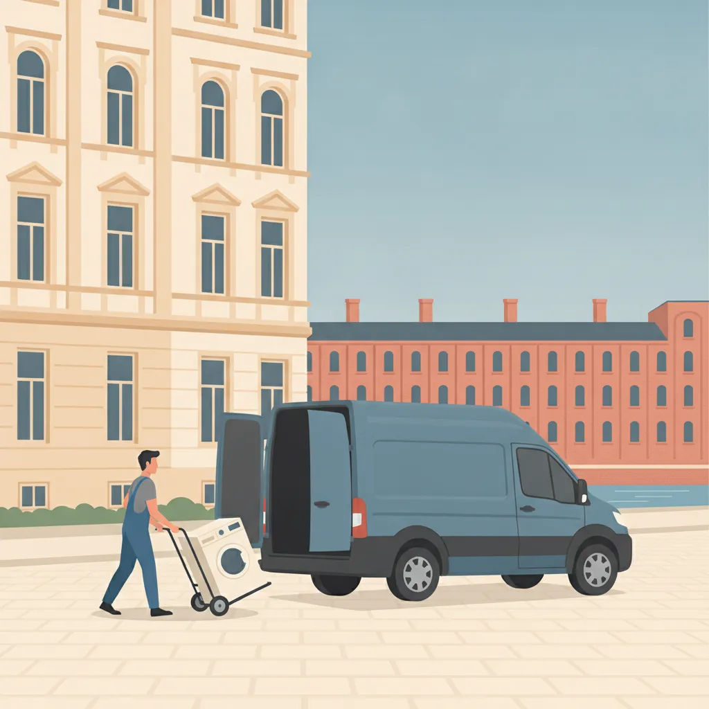 Comic-Illustration: ein Träger rollt eine Waschmaschine auf der Sackkarre zu einem geschlossenen Kastenwagen vor einem Leipziger Gründerzeit-Altbau, im Hintergrund eine rote Backstein-Spinnereihalle und ein ruhiger Kanal - Kleintransport in Leipzig