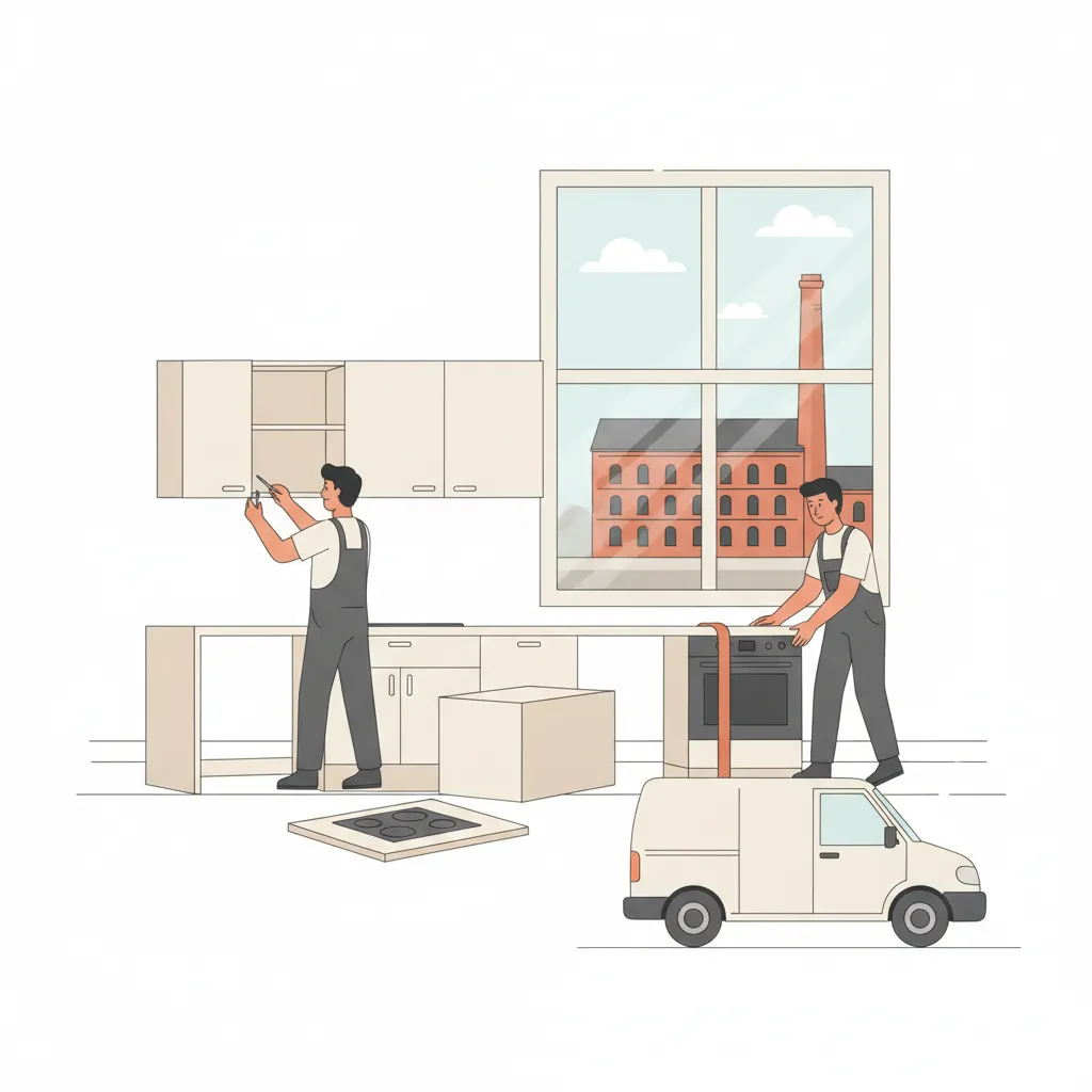 Comic-Illustration: zwei Monteure bauen in einer hellen Leipziger Wohnung eine Einbauküche ab, ein Hängeschrank und ein Kühlgerät stehen bereit, draußen ein geschlossener weißer Kofferwagen mit offenen Hecktüren, im Hintergrund rote Klinkerfassaden und der Backstein-Schornstein der Baumwollspinnerei – Küchenumzug in Leipzig