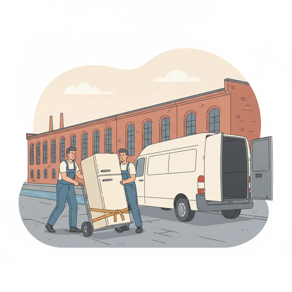 Comic-Illustration: zwei Träger bewegen einen großen Kühlschrank aufrecht auf einer Sackkarre zum geschlossenen weißen Kofferwagen vor einem Leipziger Gründerzeithaus, im Hintergrund eine rote Backstein-Spinnereihalle - Kühlschrank-Transport in Leipzig
