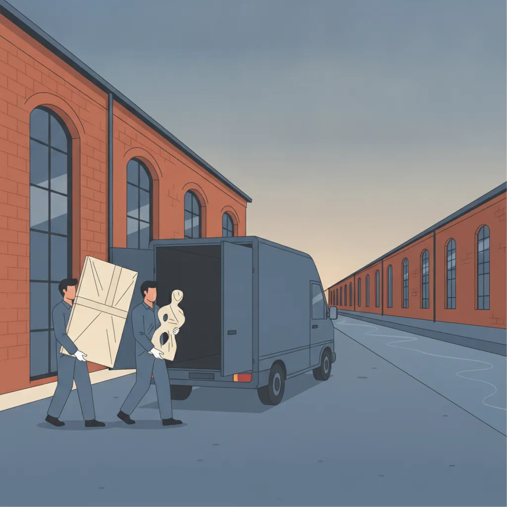 Comic-Illustration: zwei Kunstpacker tragen ein sorgfältig verpacktes Gemälde und eine kleine Skulptur aus einer Leipziger Spinnerei-Galerie zu einem geschlossenen Kastenwagen, im Hintergrund eine rote Backstein-Industriehalle mit Galerie-Fenstern - Kunsttransport in Leipzig