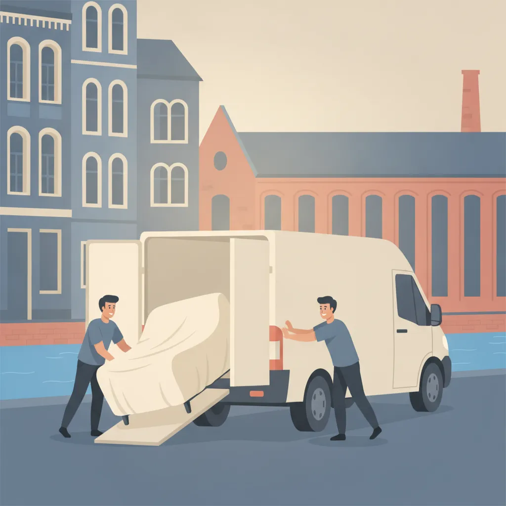 Flat-Design-Illustration: zwei Helfer schieben ein eingepacktes Sofa über eine Rampe in einen geschlossenen weißen Kastenwagen, im Hintergrund Leipzig mit Gründerzeit-Fassaden, einer roten Backstein-Spinnereihalle und einem ruhigen Kanal - Möbelmitfahrzentrale Leipzig
