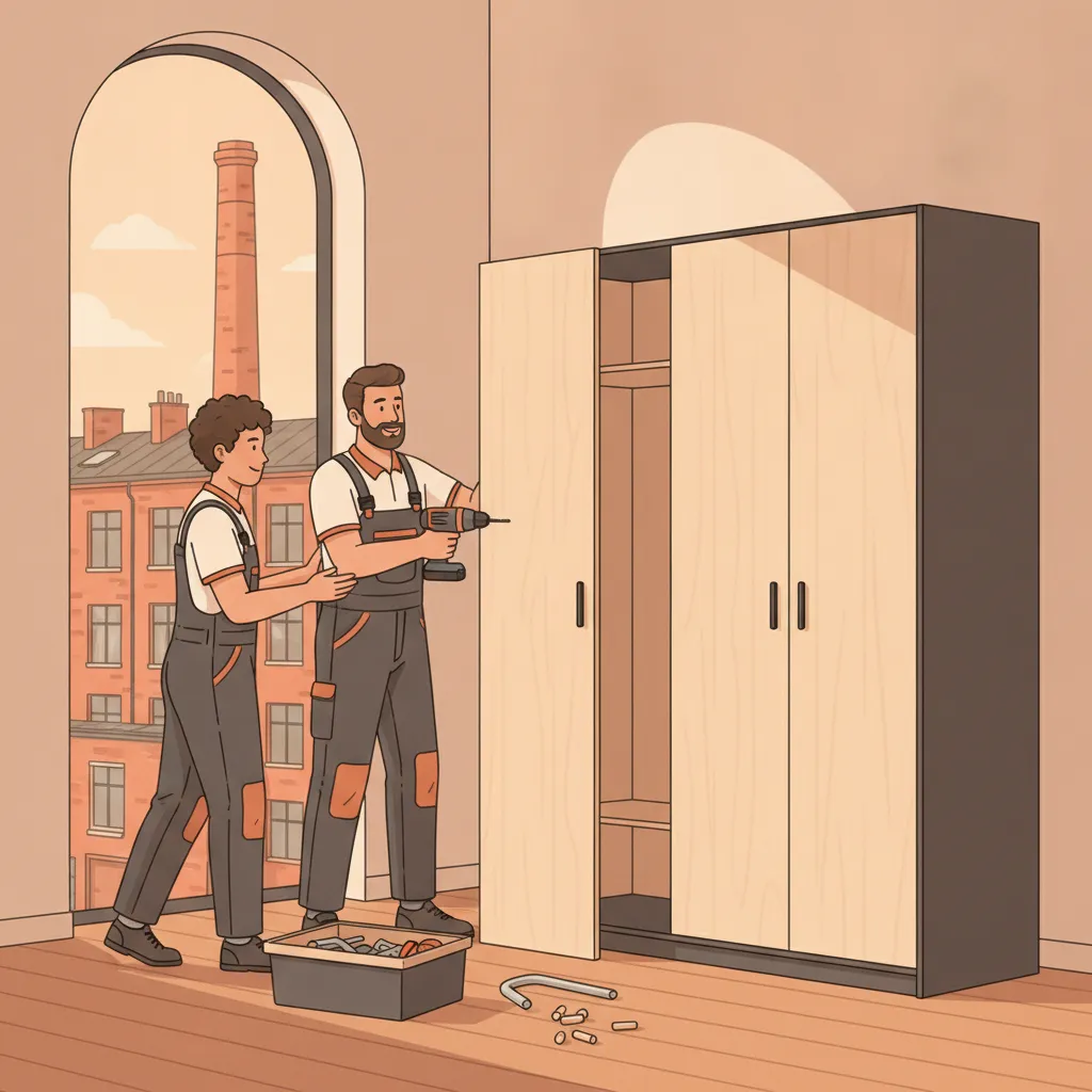 Comic-Illustration: zwei Monteure bauen einen großen Kleiderschrank in einer hellen Leipziger Altbauwohnung mit Akkuschrauber und Werkzeug zusammen, durchs Fenster sind rote Klinkerfassaden und der Backstein-Schornstein der Baumwollspinnerei zu sehen – Möbelmontage in Leipzig