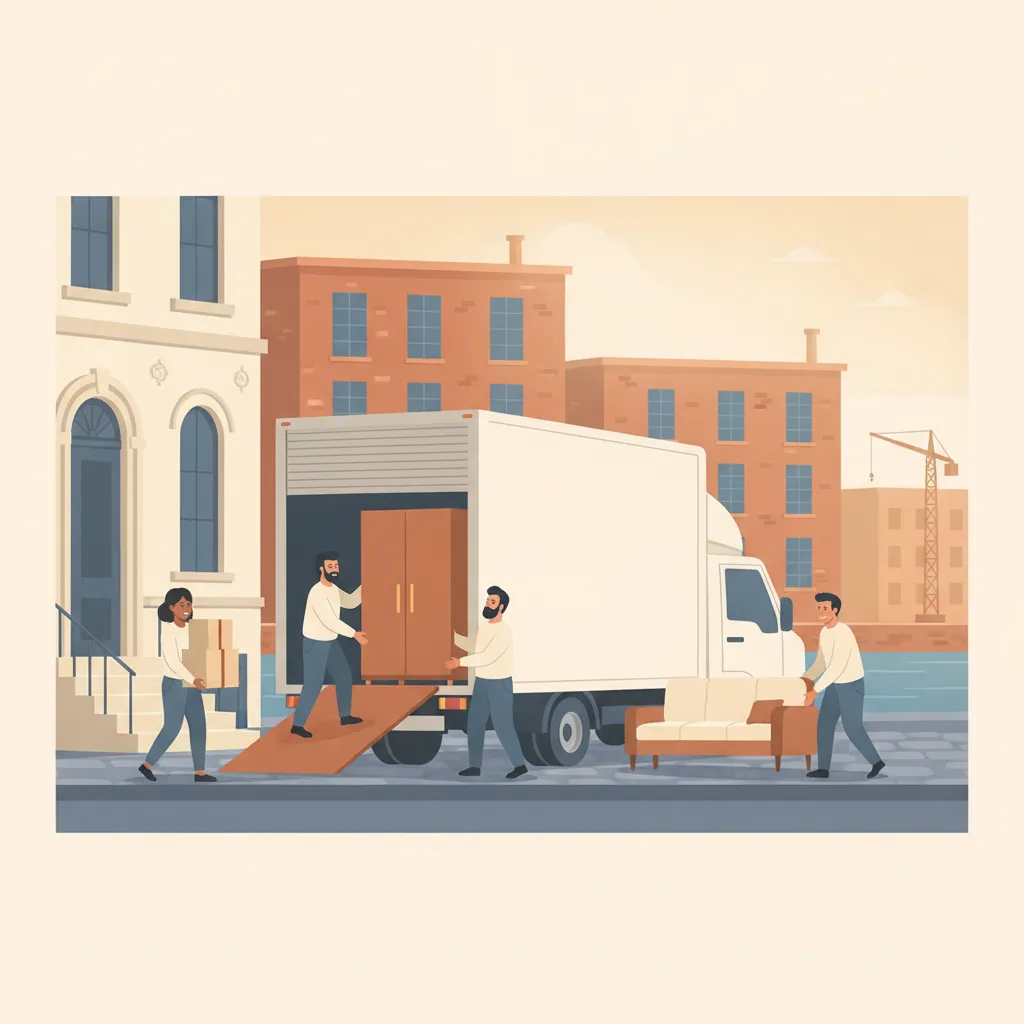 Flat-Design-Illustration: ein Umzugsteam trägt Kartons und einen Schrank aus einem Leipziger Gründerzeit-Altbau in einen großen geschlossenen weißen Umzugs-Lkw, im Hintergrund Backstein-Lofts der Baumwollspinnerei und ein Industriekran am Karl-Heine-Kanal - Möbelspedition Leipzig