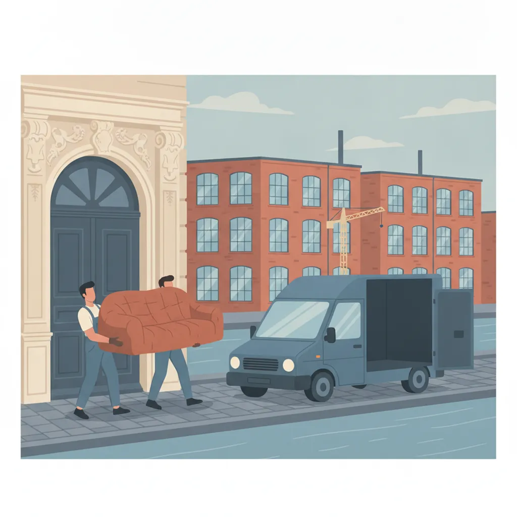 Comic-Illustration: zwei Träger tragen ein Sofa aus einem Leipziger Gründerzeithaus zu einem geschlossenen Kastenwagen, im Hintergrund Backstein-Lofts und ein Kran am Karl-Heine-Kanal - Möbeltaxi in Leipzig