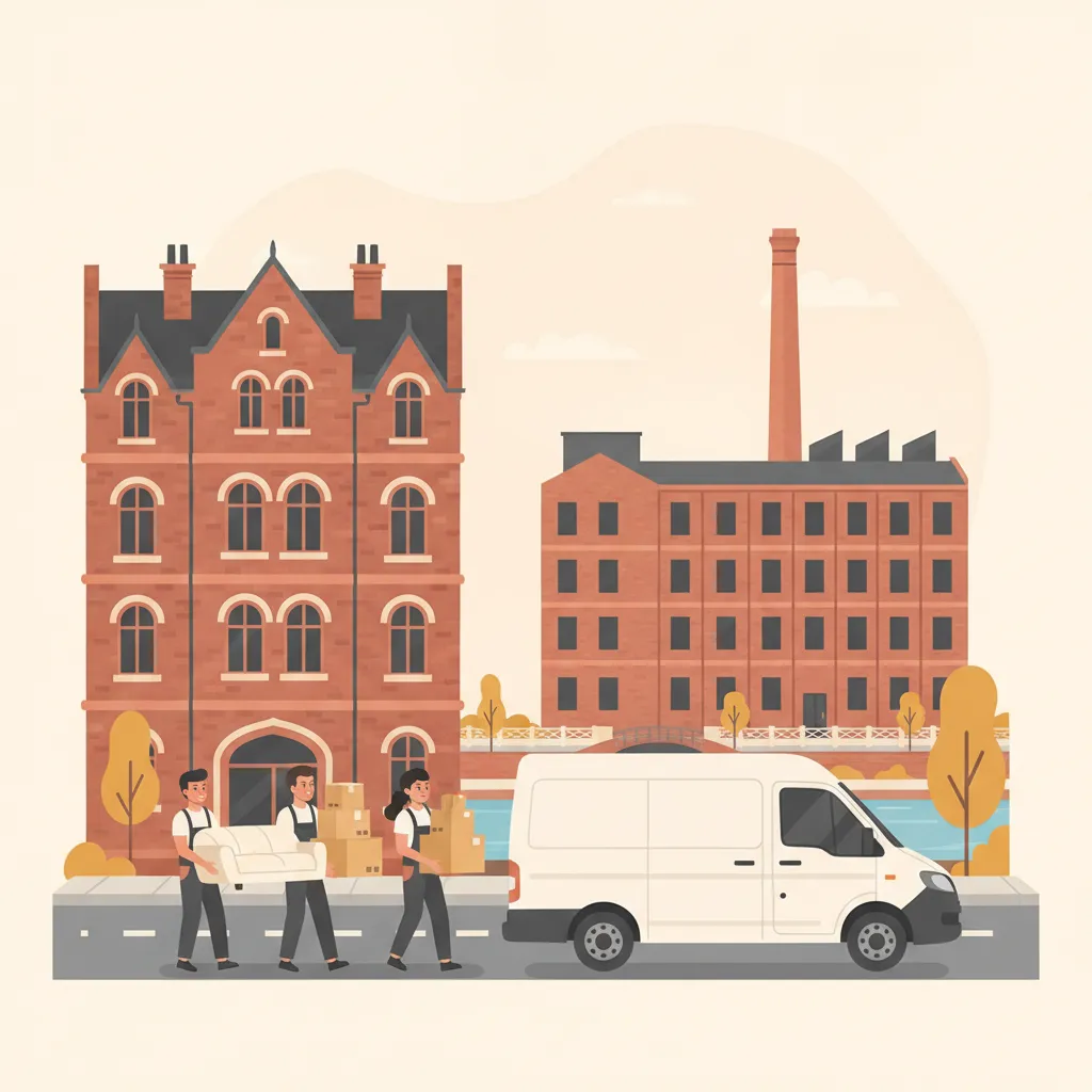 Comic-Illustration: ein Umzugsteam trägt Kartons und ein Sofa aus einem Leipziger Gründerzeit-Altbau aus rotem Klinker in einen weißen geschlossenen Kastenwagen, im Hintergrund der Backstein-Schornstein der Baumwollspinnerei und der Karl-Heine-Kanal – Privatumzug in Leipzig