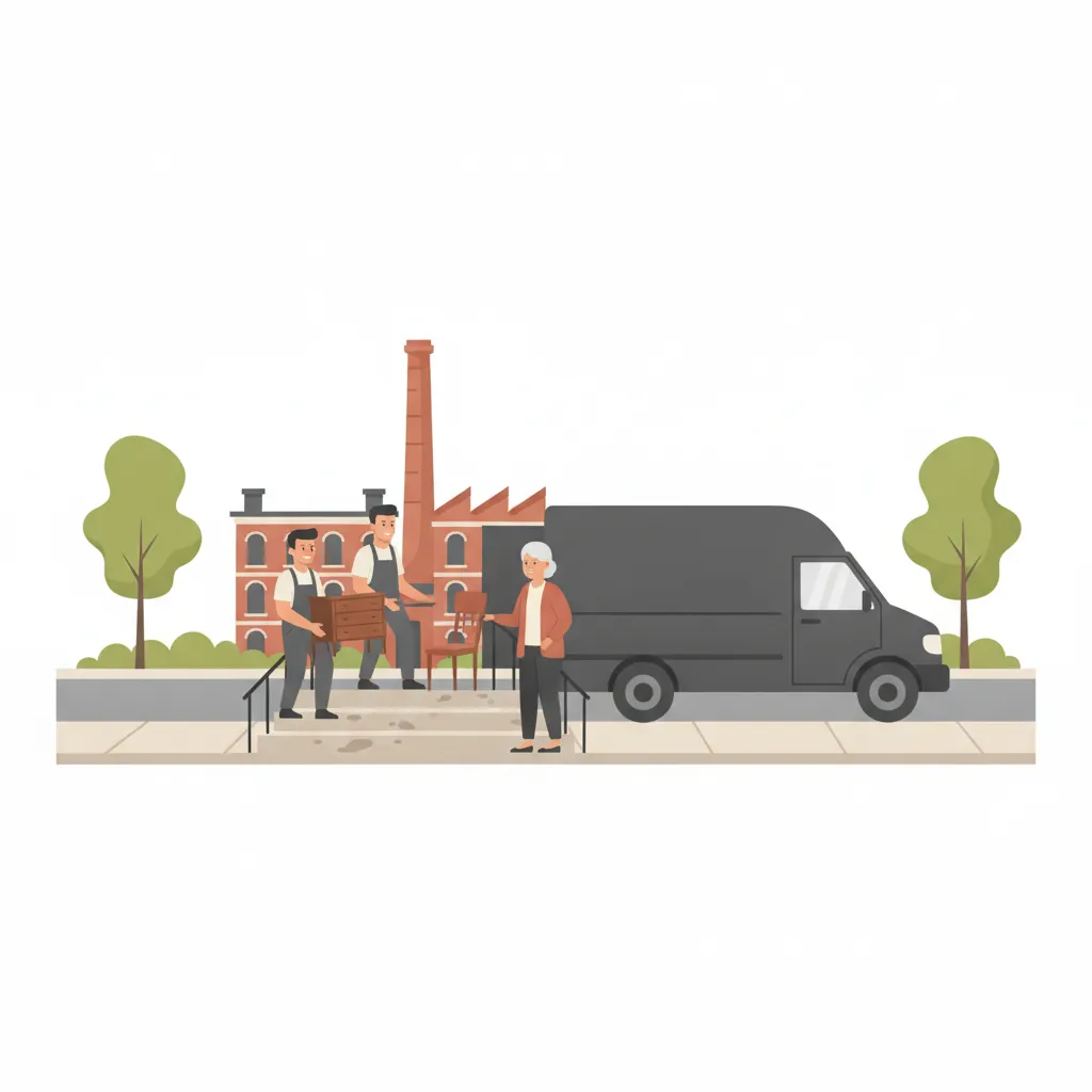 Comic-Illustration: zwei einfühlsame Umzugshelfer tragen behutsam Möbel aus einem Leipziger Gründerzeit-Altbau aus rotem Klinker, eine ältere Dame schaut ruhig zu, im Hintergrund der Backstein-Schornstein der Baumwollspinnerei – Seniorenumzug in Leipzig