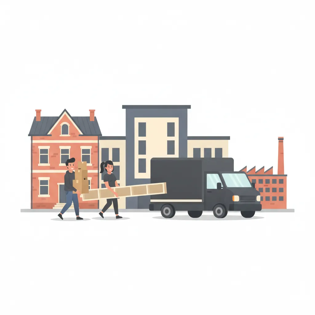 Comic-Illustration: zwei junge Umzugshelfer tragen Kartons und ein Bücherregal zu einem geschlossenen Kastenwagen vor einem Leipziger WG-Altbau aus rotem Klinker, im Hintergrund ein Hochschulgebäude und der Backstein-Schornstein der Baumwollspinnerei – studentische Umzugshelfer in Leipzig