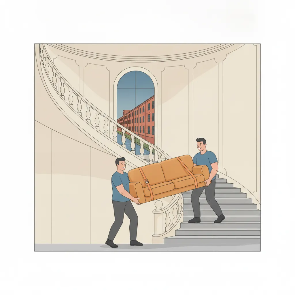 Comic-Illustration: zwei kräftige Träger tragen mit Tragegurten ein schweres Sofa eine hohe Treppe in einem Leipziger Gründerzeit-Altbau hinauf, durch das Treppenhausfenster deutet sich eine rote Backstein-Spinnereihalle an - Tragehilfe in Leipzig
