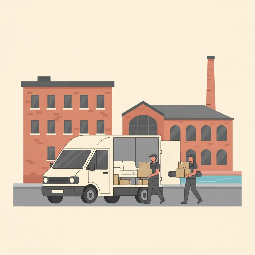 Comic-Illustration: ein Fahrer und ein Helfer beladen einen geschlossenen Kastenwagen mit Möbeln und Kartons vor einem Leipziger Wohnhaus aus rotem Klinker, im Hintergrund der Backstein-Schornstein der Baumwollspinnerei und der Karl-Heine-Kanal – Transporter mit Fahrer in Leipzig