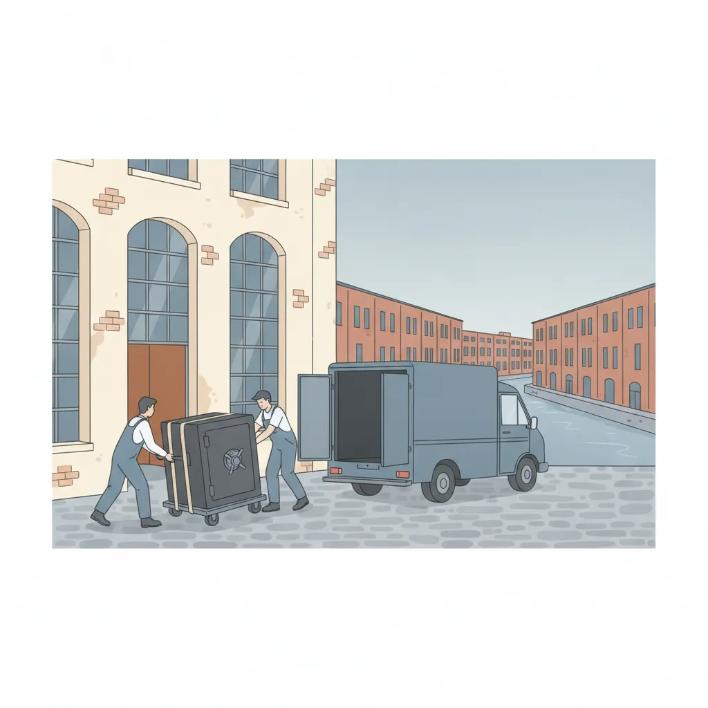 Comic-Illustration: zwei Spezialträger setzen einen schweren Tresor mit Schwerlastroller und Gurten aus einem Leipziger Gebäude in einen geschlossenen Kastenwagen, im Hintergrund eine rote Backstein-Industriehalle - Tresortransport in Leipzig