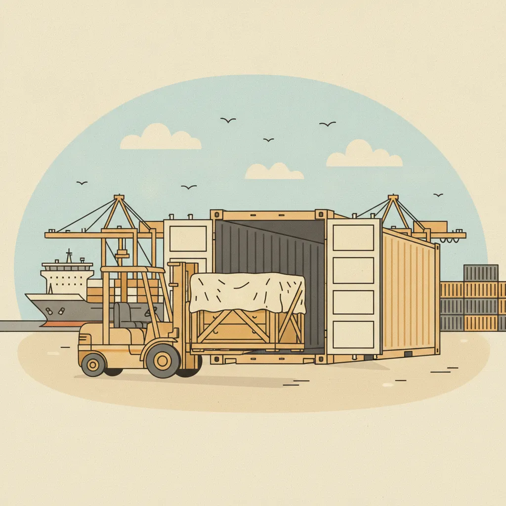 Comic-Illustration: ein Seefracht-Container wird auf einem Bahnterminal mit Hausrat in seetauglichen Holzkisten beladen und mit einem Portalkran auf einen Containerzug gehoben, im Hintergrund Bahngleise und ein Frachtflugzeug am Himmel - Überseeumzug per Bahn und Seefracht