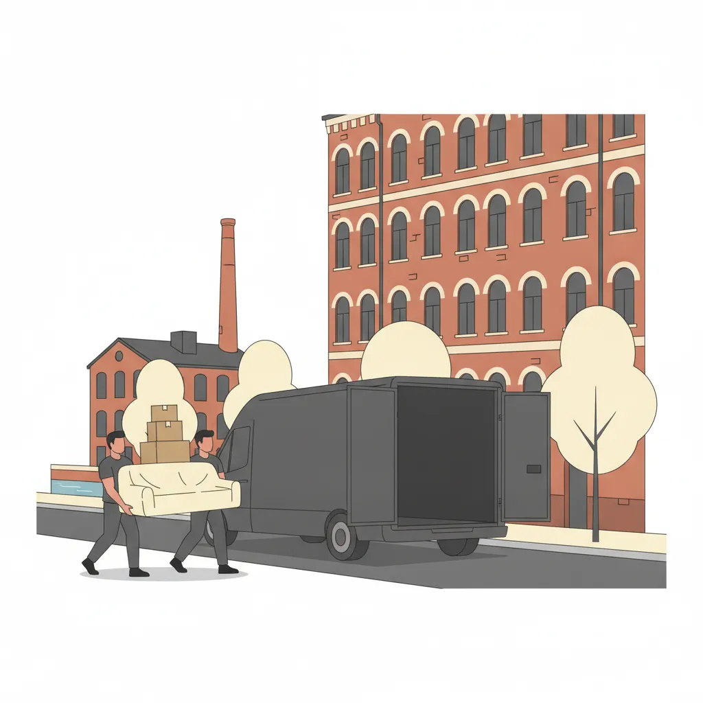 Comic-Illustration: zwei kräftige Umzugshelfer tragen ein Sofa und Kartons zu einem geschlossenen Kastenwagen vor einem Leipziger Gründerzeit-Altbau aus rotem Klinker, im Hintergrund ein Backstein-Schornstein der Baumwollspinnerei und der Karl-Heine-Kanal – Umzugshelfer in Leipzig