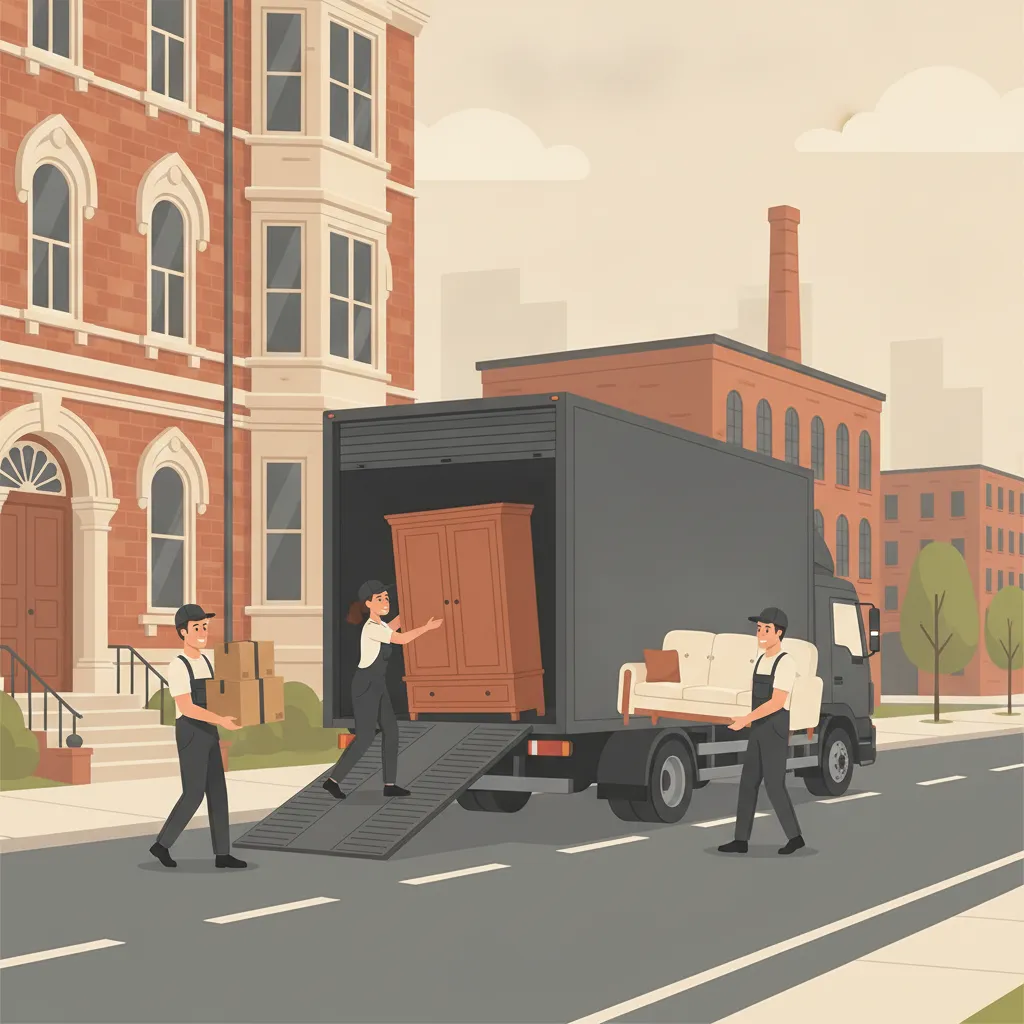 Comic-Illustration: ein Umzugsteam trägt Kartons und einen Schrank aus einem Leipziger Gründerzeit-Altbau aus rotem Klinker in einen großen Umzugs-Lkw mit hohem Koffer-Aufbau, im Hintergrund der Backstein-Schornstein der Baumwollspinnerei – Umzugshilfe in Leipzig mit Lkw