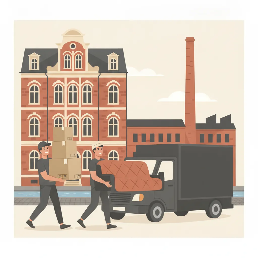 Comic-Illustration: zwei Träger verladen gepolsterte Umzugskartons und ein Sofa in einen geschlossenen Kastenwagen vor einem Leipziger Gründerzeit-Altbau aus rotem Klinker, im Hintergrund der Backstein-Schornstein der Baumwollspinnerei und der Karl-Heine-Kanal – Umzugsunternehmen in Leipzig