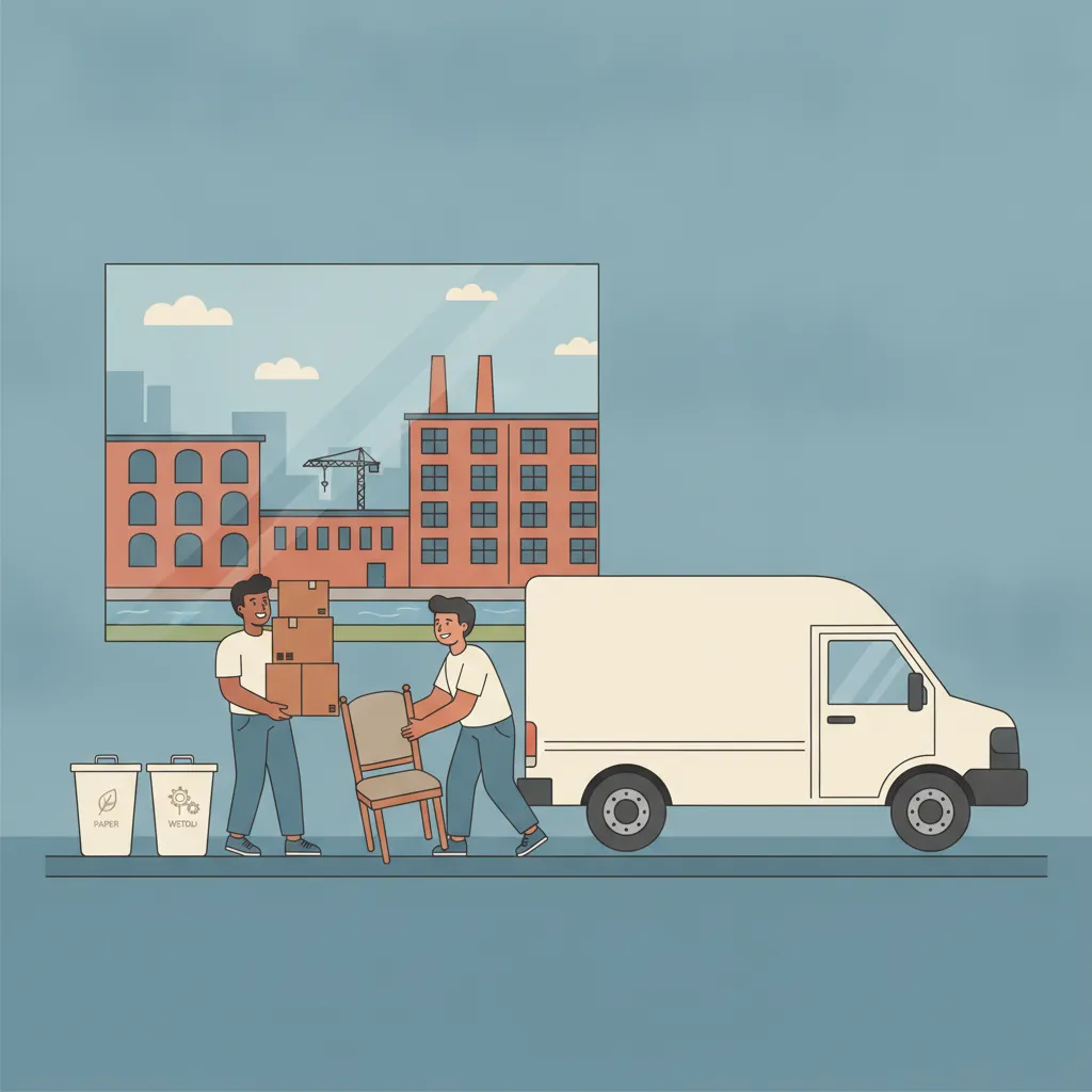 Comic-Illustration: zwei Helfer räumen eine Leipziger Altbauwohnung leer, tragen Kartons und Möbel zum geschlossenen weißen Kofferwagen, getrennte Wertstoffe in Behältern, im Hintergrund Backstein-Lofts und ein Kran am Karl-Heine-Kanal - Wohnungsauflösung in Leipzig