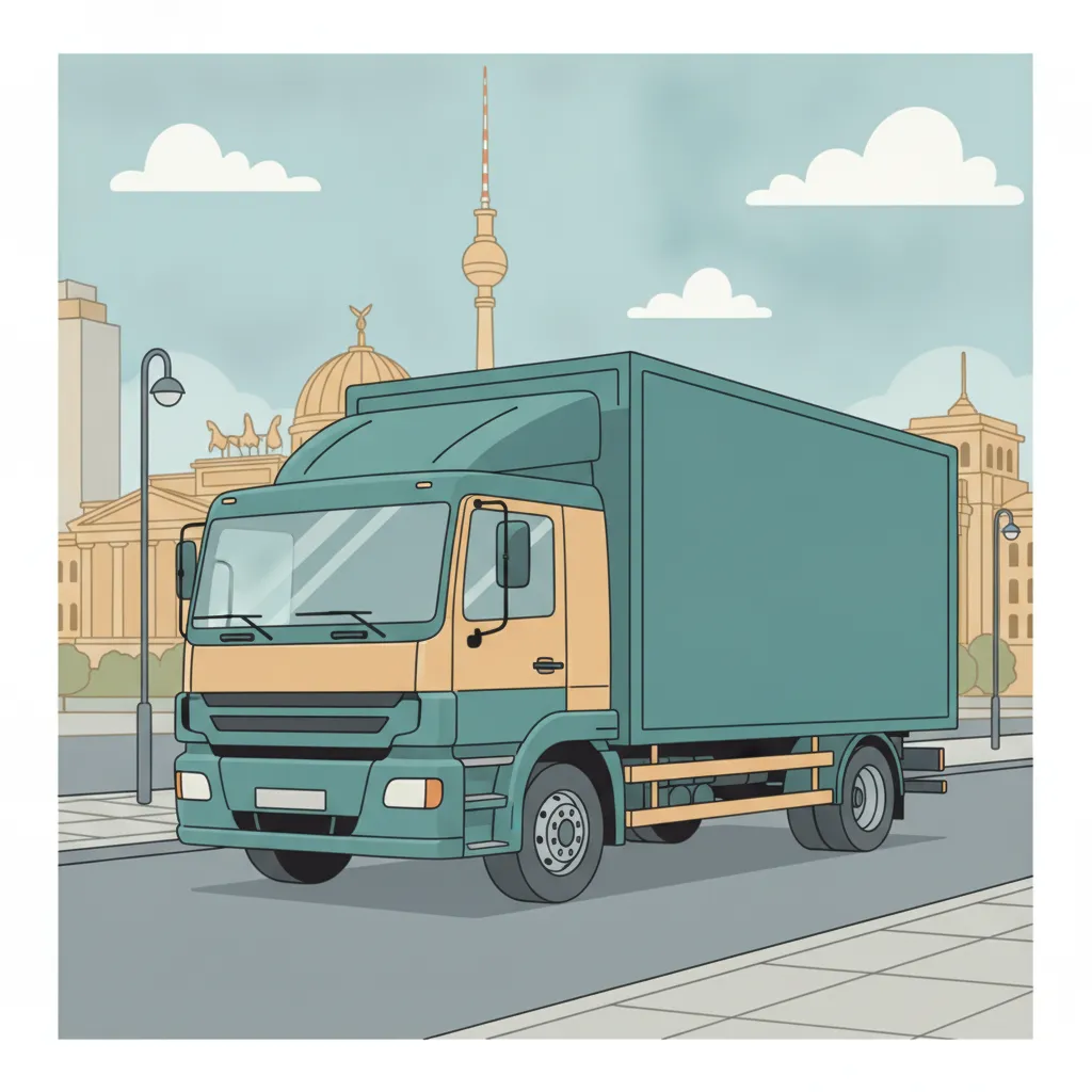 Comic-Illustration: geschlossener Umzugstransporter erreicht Berlin – Beiladung von Leipzig nach Berlin