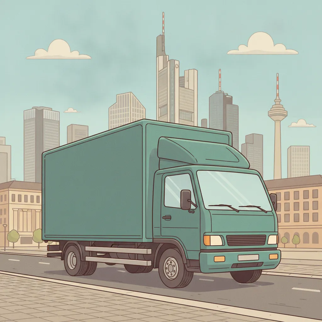 Comic-Illustration: geschlossener Umzugstransporter erreicht Frankfurt – Beiladung von Leipzig nach Frankfurt