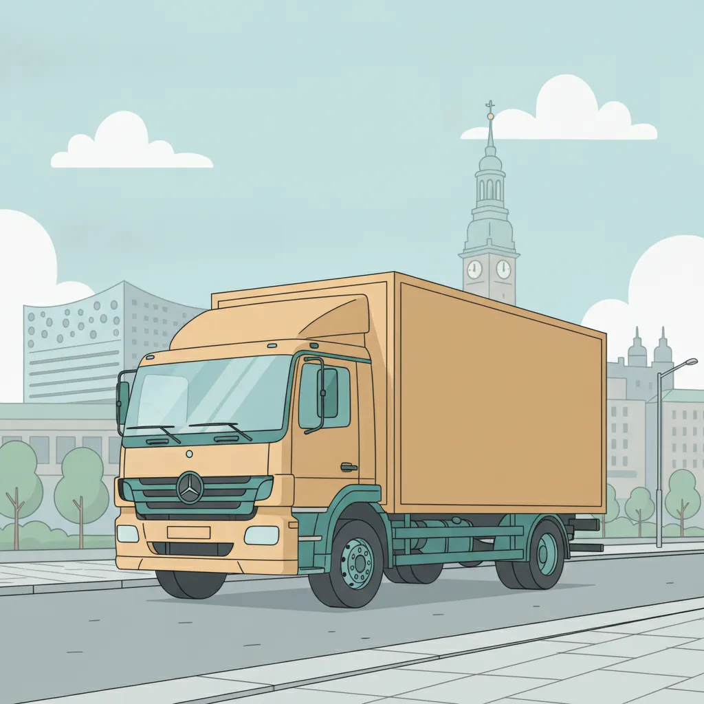 Comic-Illustration: geschlossener Umzugstransporter erreicht Hamburg – Beiladung von Leipzig nach Hamburg