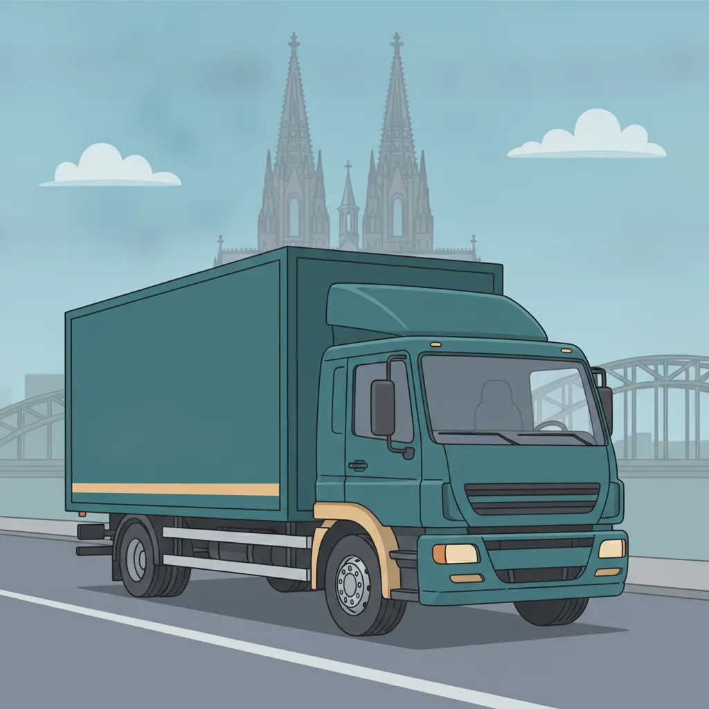 Comic-Illustration: geschlossener Umzugstransporter erreicht Köln – Beiladung von Leipzig nach Köln