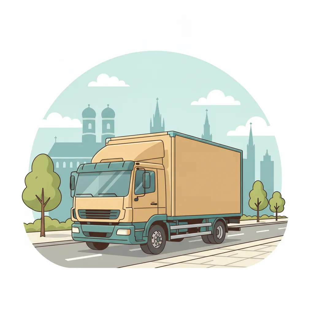 Comic-Illustration: geschlossener Umzugstransporter erreicht München – Beiladung von Leipzig nach München