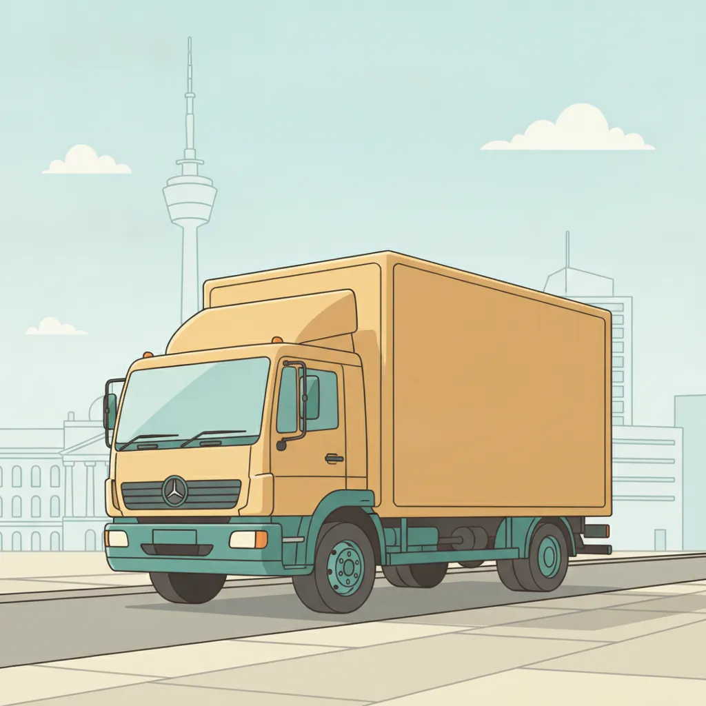 Comic-Illustration: geschlossener Umzugstransporter erreicht Stuttgart – Beiladung von Leipzig nach Stuttgart